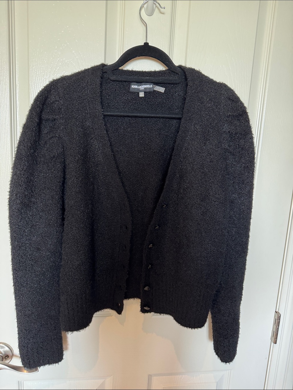 NWOT size medium Karl Lagerfeld Black Fuzzy Button-Up Cardigan
